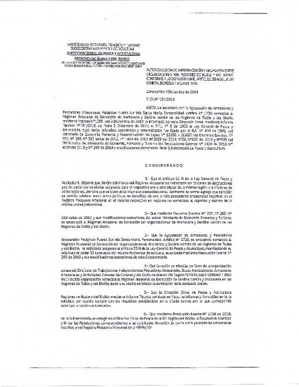 Res. Ex. N° 181-2019 (DZP Región de Ñuble y del Biobío)) Autoriza cesión Anchoveta y sardina común Regiones de Ñuble y del Biobío.