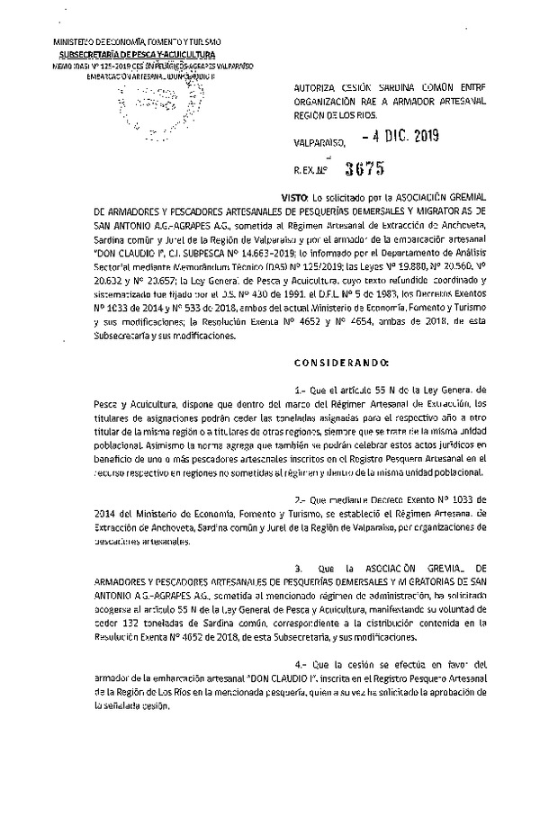 Res. Ex. N° 3675-2019 Autoriza cesión sardina común Región de Los Ríos.