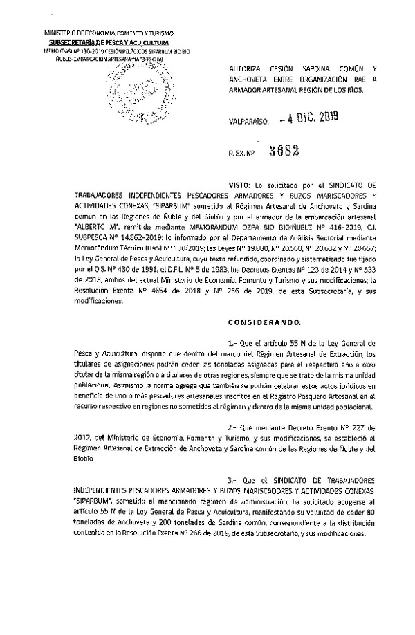 Res. Ex. N° 3682-2019 Autoriza cesión sardina común Región de Los Ríos.