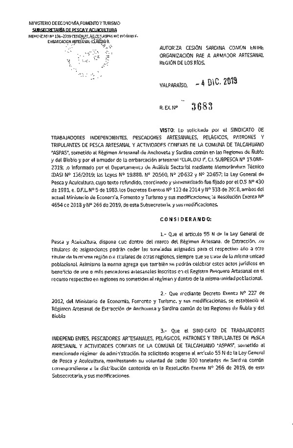Res. Ex. N° 3683-2019 Autoriza cesión sardina común Región de Los Ríos.