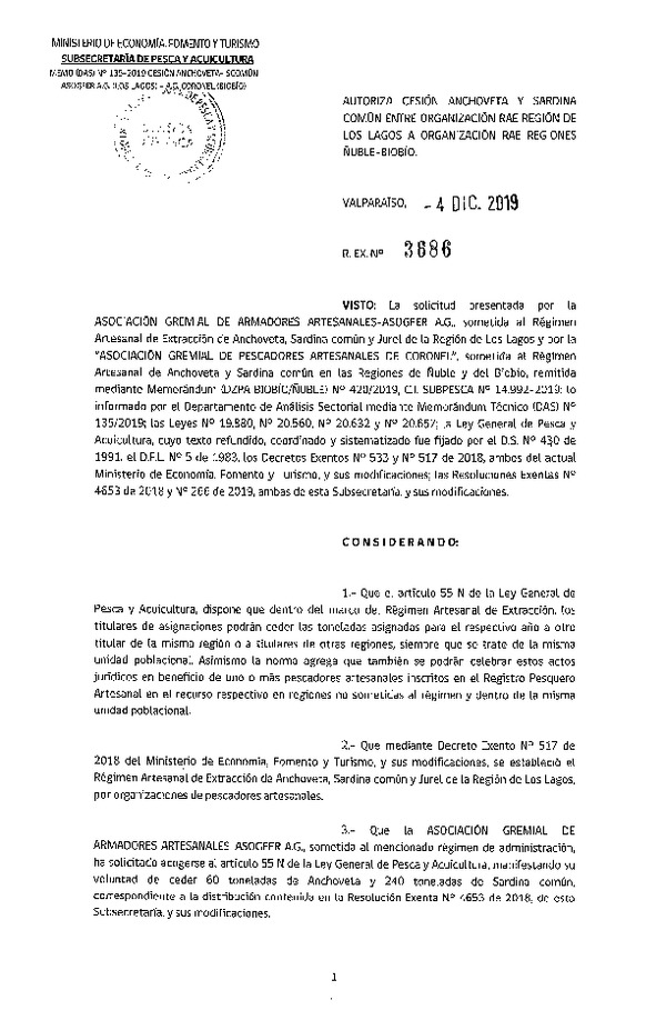 Res. Ex. N° 3686-2019 Autoriza cesión sardina común y anchoveta Región de Los Lagos a Regiones Ñuble-Biobío.