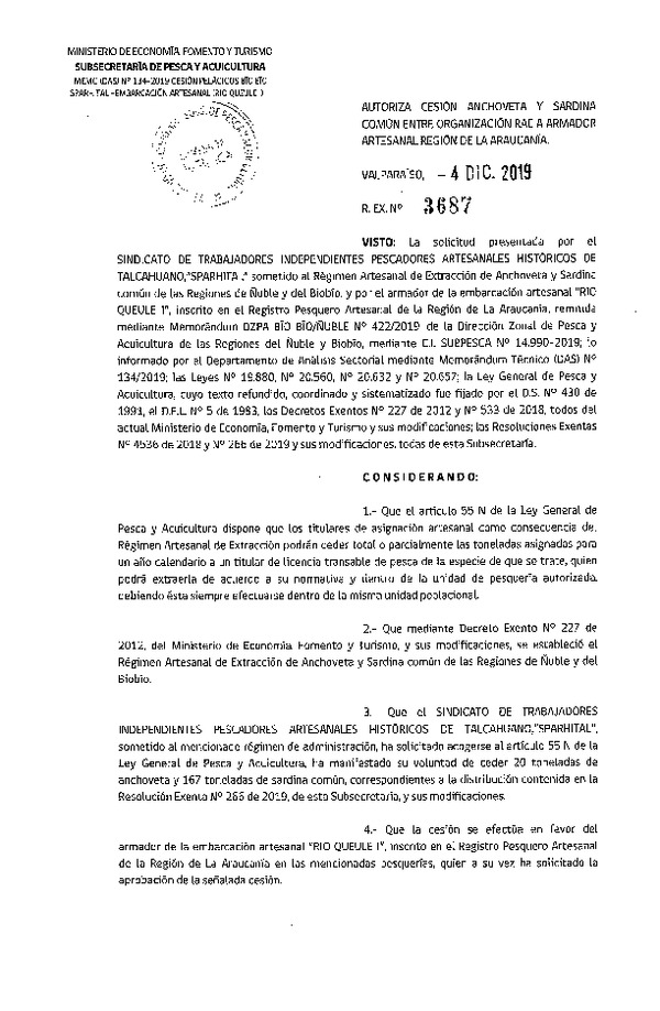 Res. Ex. N° 3687-2019 Autoriza cesión sardina común y anchoveta Región de La Araucanía.