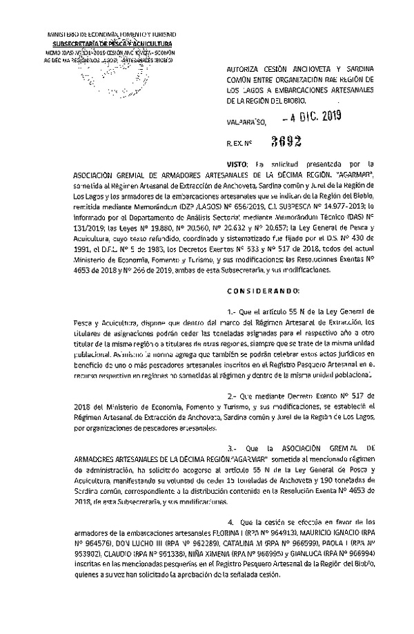 Res. Ex. N° 3692-2019 Autoriza cesión anchoveta y sardina común Región de Los Lagos a Región del Biobío.