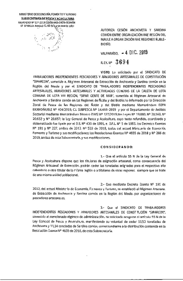 Res. Ex. N° 3694-2019 Autoriza cesión anchoveta y sardina común Región del Maule a Regiones de Ñuble-Biobío.