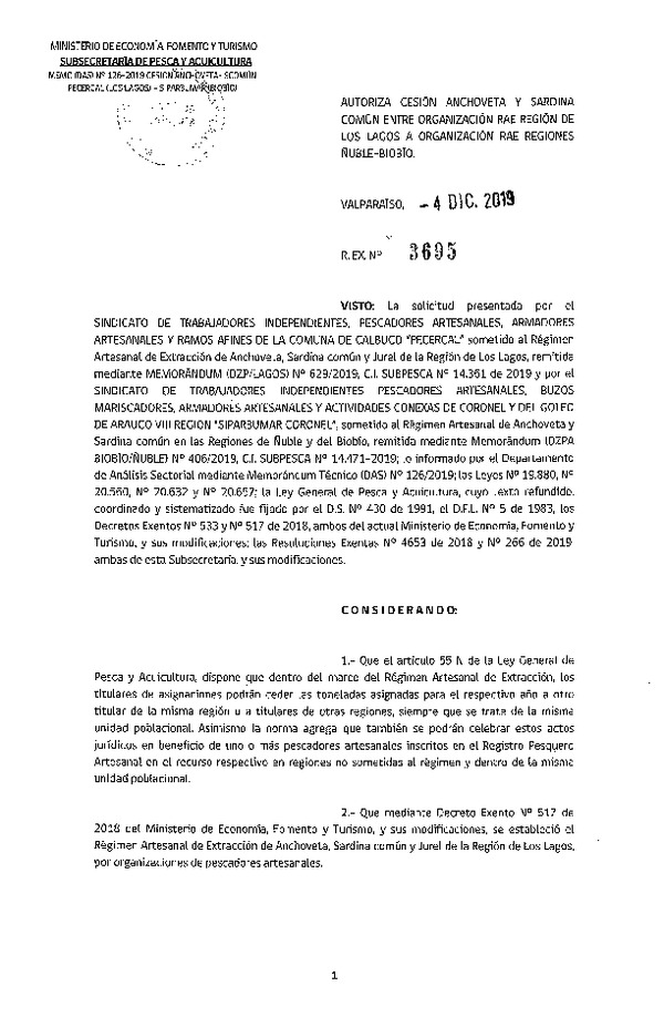 Res. Ex. N° 3695-2019 Autoriza cesión anchoveta y sardina común Región de Los Lagos a Regiones de Ñuble-Biobío.