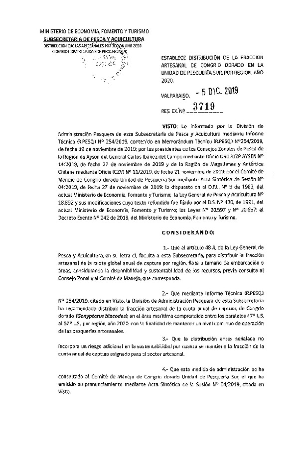 Res. Ex. N° 3719-2019 Establece Distribución de la Fracción Artesanal de Congrio Dorado, Pesquería sur, por Región, Año 2020. (Publicado en Página Web 06-12-2019) (F.D.O. 14-12-2019)