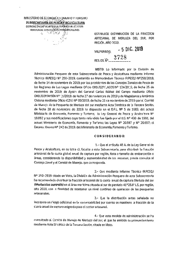Res. Ex. N° 3728-2019 Establece Distribución de la Fracción Artesanal de Merluza del sur, Por Región, Año 2020. (Publicado en Página Web 06-12-2019) (F.D.O. 14-12-2019)