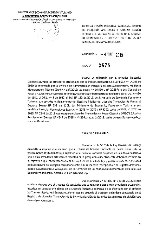 Res. Ex. N° 3676-2019 Autoriza cesión pesquería anchoveta y sardina común, Regiones Valparaíso a Los Lagos.