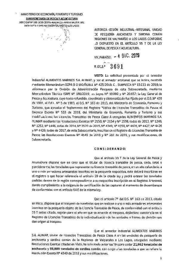 Res. Ex. N° 3691-2019 Autoriza cesión pesquería anchoveta y sardina común, Regiones Valparaíso a Los Lagos.