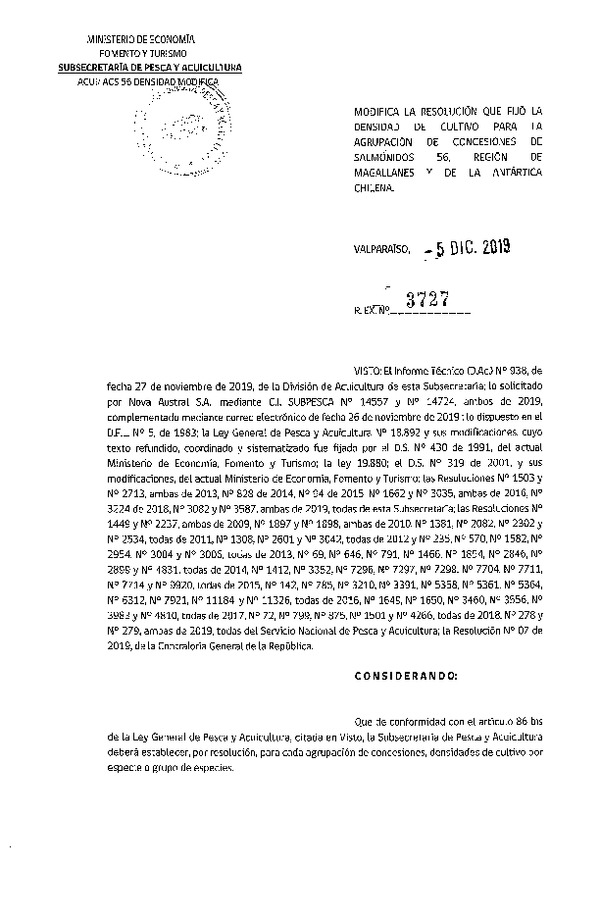 Res. Ex. N° 3727-2019 Modifica Res. Ex. N° 3082-2019 Fija Densidad de Cultivo para la Agrupación de Concesiones de Salmónidos 56, Región de Magallanes. (Con Informe Técnico) (Publicado en Página Web 09-12-2019) (F.D.O. 14-12-2019)