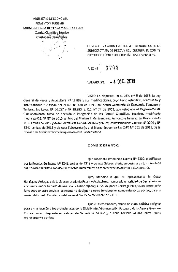 Res. Ex. N° 3703-2019 Designa en Calidad Ad-Hoc a Funcionarios de la Subsecretaría de Pesca y Acuicultura en Comité Científico Técnico de Crustáceos Demersales. (Publicado en Página Web 09-12-2019)