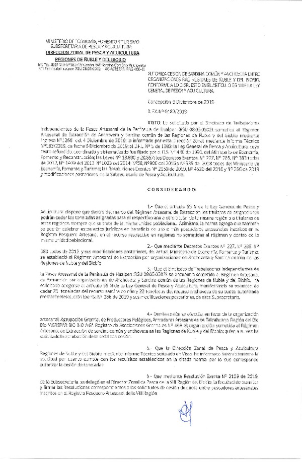 Res. Ex. N° 183-2019 (DZP Región de Ñuble y del Biobío)) Autoriza cesión Anchoveta y sardina común Regiones de Ñuble y del Biobío.