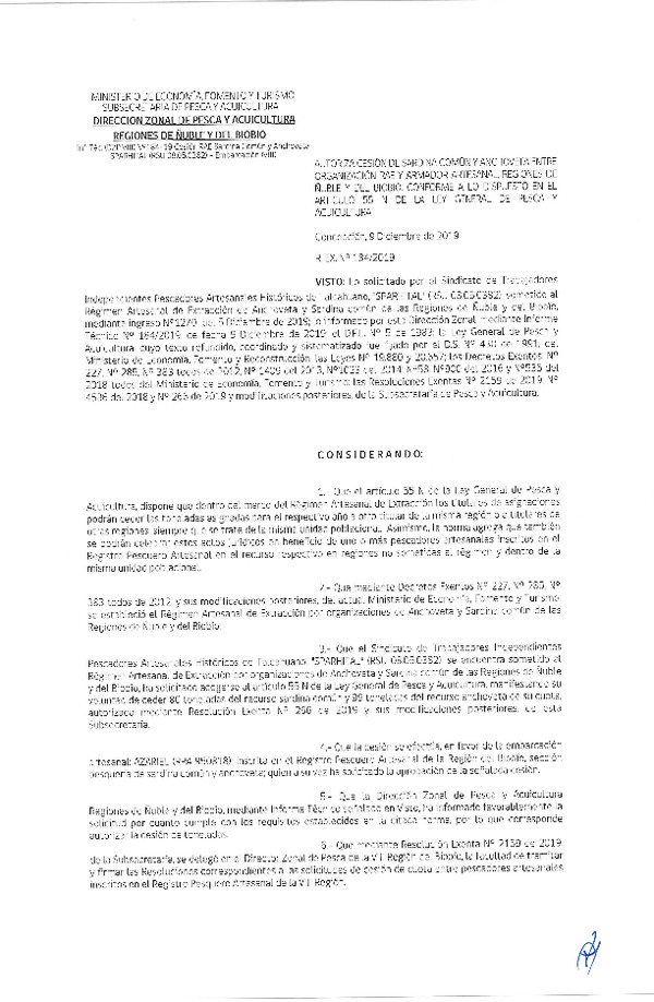 Res. Ex. N° 184-2019 (DZP Región de Ñuble y del Biobío)) Autoriza cesión Anchoveta y sardina común Regiones de Ñuble y del Biobío.
