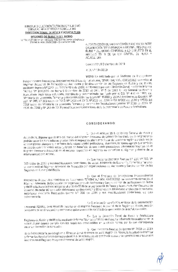 Res. Ex. N° 184-2019 (DZP Región de Ñuble y del Biobío)) Autoriza cesión Anchoveta y sardina común Regiones de Ñuble y del Biobío.