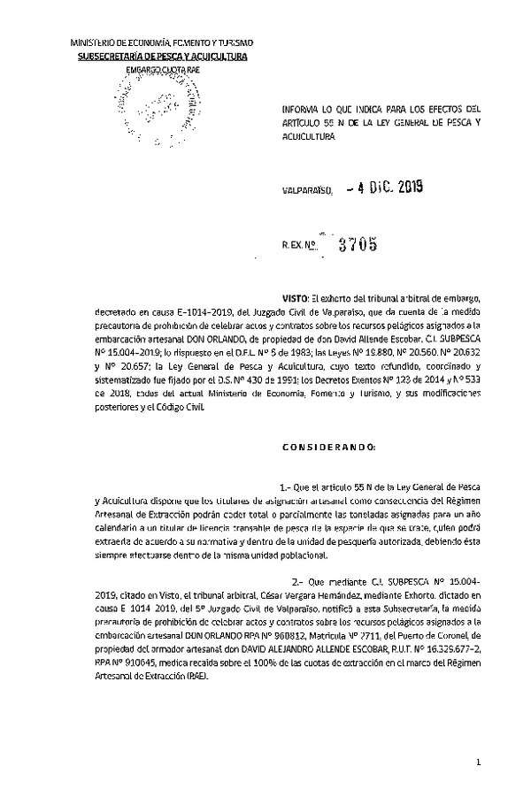 Res. Ex. N° 3705-2019 Informa lo que Indica para Los Efectos del Artículo 55 N de la LGPA.