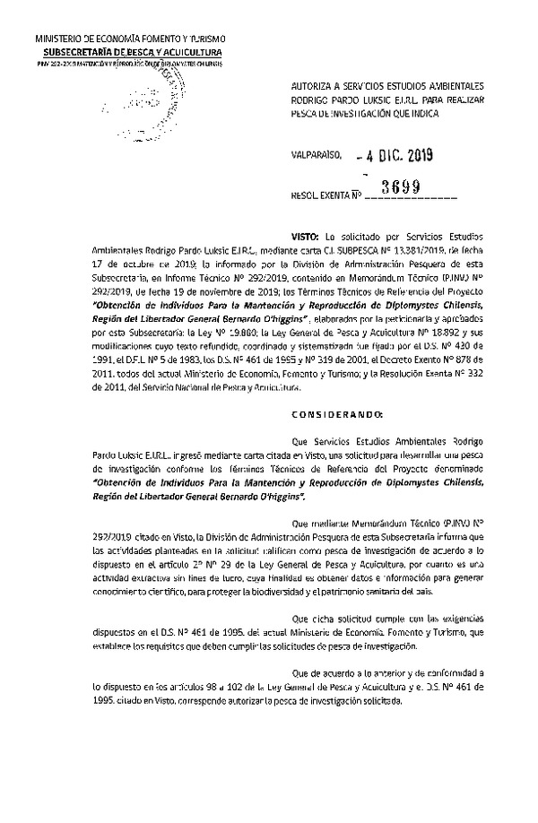 Res. Ex. N° 3699-2019 Obtención de individuos Diplomytes Chilensis.