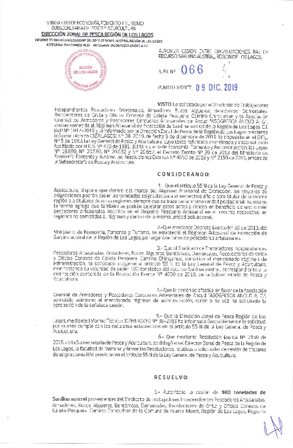 Res. Ex. N° 66-2019 (DZP Los Lagos) Autoriza cesión sardina austral Región de Los Lagos.