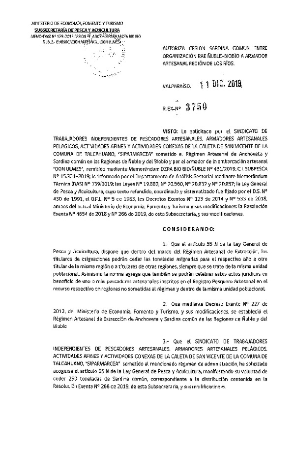 Res. Ex. N° 3750-2019 Autoriza cesión sardina común de Regiones Ñuble-Biobío a Región de Los Ríos.