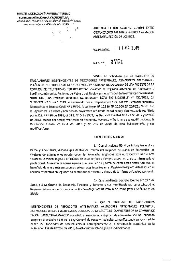 Res. Ex. N° 3751-2019 Autoriza cesión sardina común de Regiones Ñuble-Biobío a Región de Los Ríos.