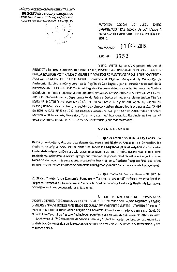 Res. Ex. N° 3752-2019 Autoriza cesión Jurel de Región de Los lagos a Región del Biobío.