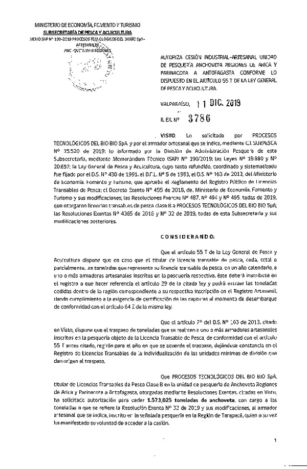 Res. Ex. N° 3786-2019 Autoriza cesión pesquería Anchoveta, Regiones de Arica y Parinacota a Antofagasta.