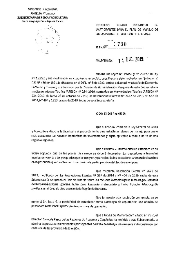 Res. Ex. N° 3790-2019 Establece Nómina Provincial de Participantes para el Plan de Manejo de Algas Pardas de la Región de Atacama. (Publicado en Página Web 12-12-2019) (F.D.O. 19-12-2019)