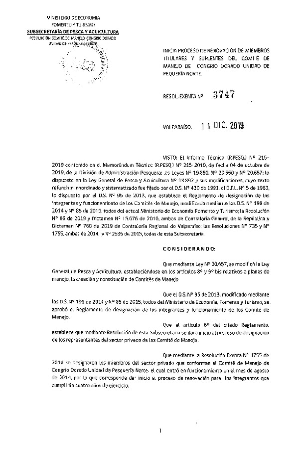 Res. Ex. N° 3747-2019 Inicia Proceso de Renovación de Miembros Titulares y Suplentes del Comité de Manejo de Congrio Dorado Unidad Pesquería Norte (Con Informe Técnico) (Publicado en Página Web 12-12-2019) (F.D.O. 19-12-2019)