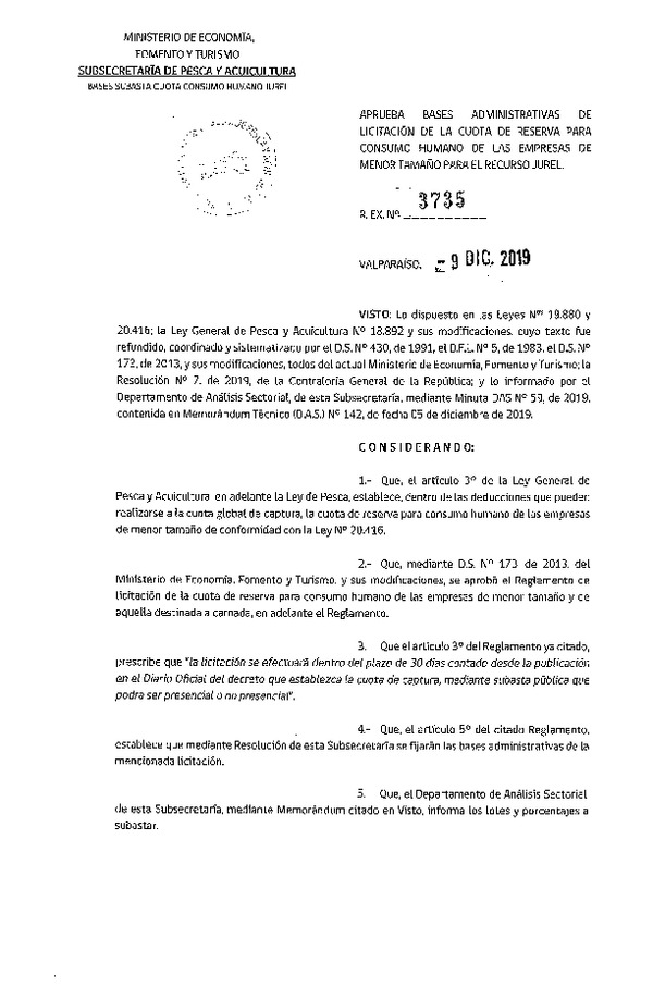 Res. Ex. N° 3735-2019 Aprueba Bases Administrativas de Licitación de la Cuota de Reserva para Consumo humano, Recurso jurel. (Publicado en Página Web 13-12-2019)