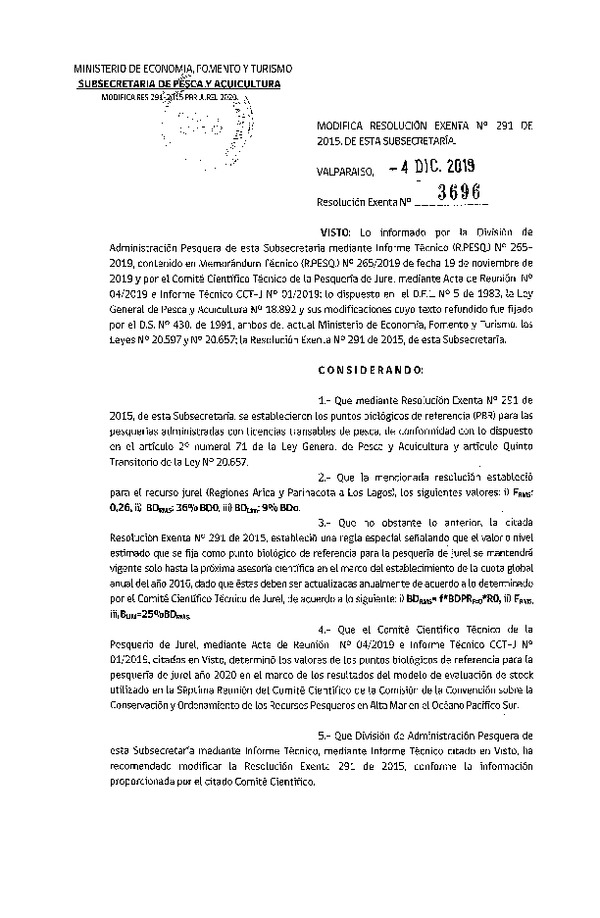 Res. Ex. N° 3696-2018 Modifica Res. Ex. N° 291-2015 Establece Puntos Biológicos de Referencia para Pesquerías Administradas con Licencias Transables de Pesca. (Publicada en Página Web 09-12-2019) (F.D.O. 14-12-2019)