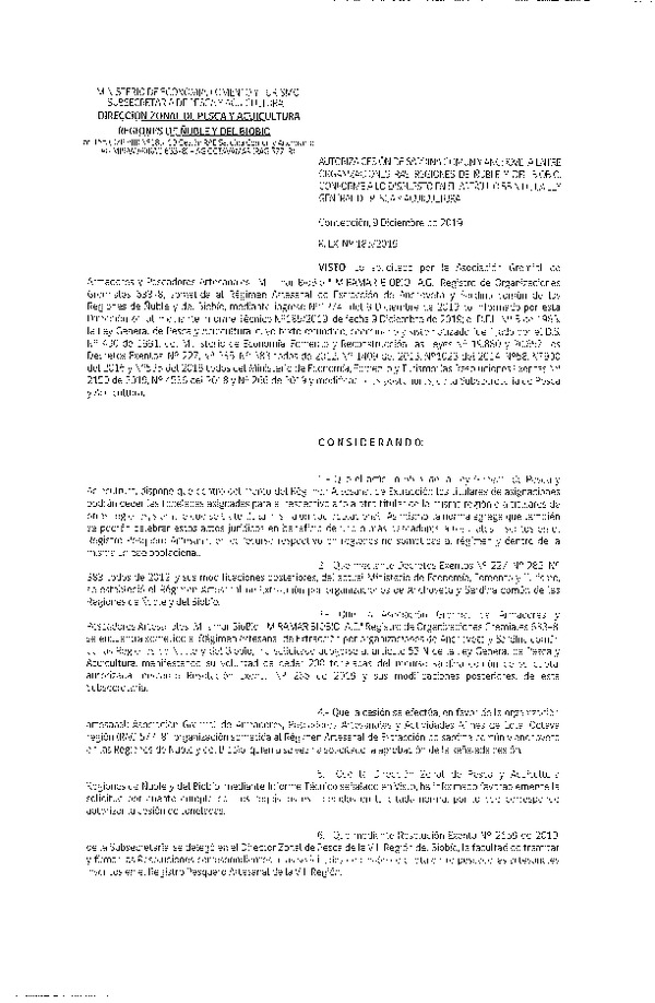 Res. Ex. N° 184-2019 (DZP Región de Ñuble y del Biobío)) Autoriza cesión Anchoveta y sardina común Regiones de Ñuble y del Biobío.