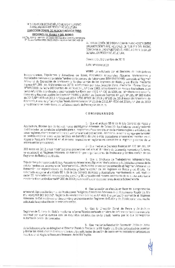 Res. Ex. N° 189-2019 (DZP Región de Ñuble y del Biobío)) Autoriza cesión Anchoveta y sardina común Regiones de Ñuble y del Biobío.