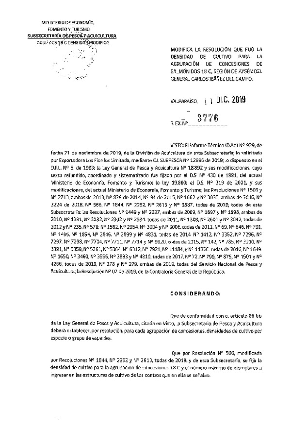 Res. Ex. N° 3776-2019 Modifica Res. Ex. N° 566-2019 Fija Densidad de Cultivo para la Agrupación de Concesiones de Salmónidos 18C Región de Aysén, (Con Informe Técnico) (Publicado en Página Web 13-12-2019) (F.D.O. 19-12-2019)