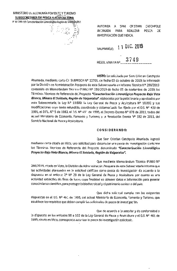 Res. Ex. N° 3749-2019 Caracterización limnológica, Región de Valparaíso.