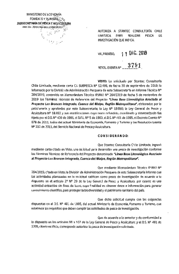 Res. Ex. N° 3791-2019 Línea base limnológico, R.M.