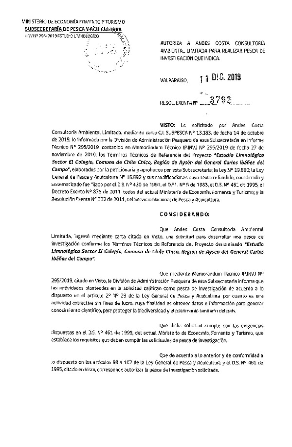 Res. Ex. N° 3792-2019 Estudio limnológico, Región de Aysén.