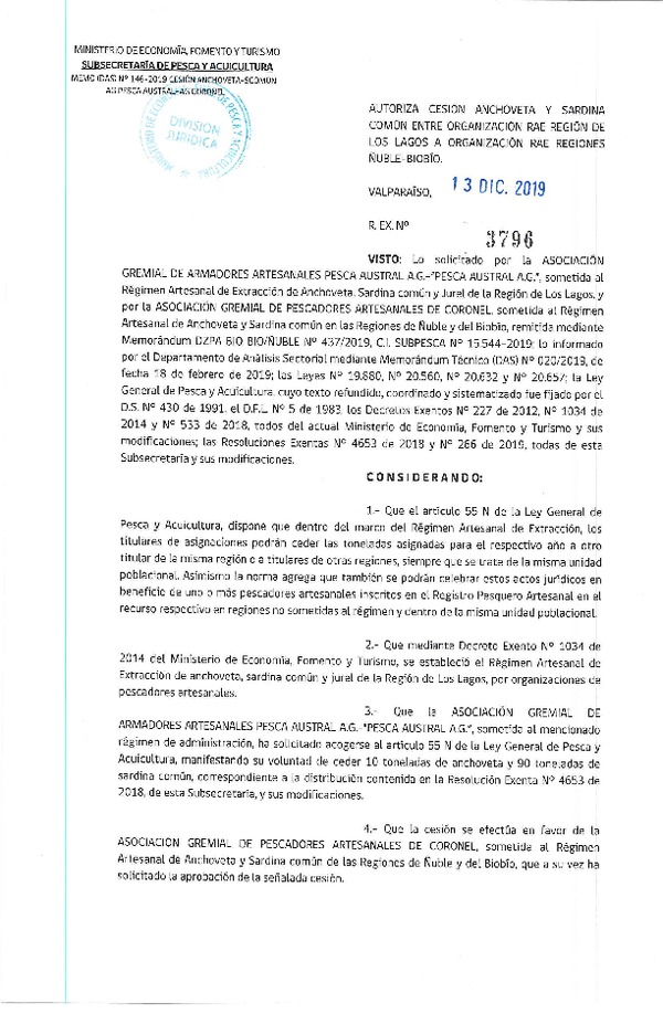 Res. Ex. N° 3796-2019 Autoriza cesión sardina común y anchoveta Región de Los Lagos a Regiones Ñuble-Biobío.