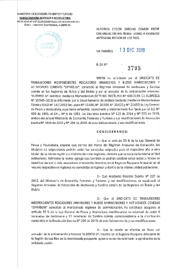 Res. Ex. N° 3795-2019 Autoriza cesión sardina común Regiones Ñuble-Biobío a Región de Los Ríos.