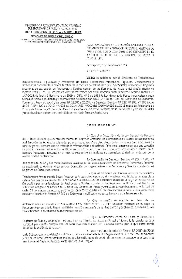 Res. Ex. N° 147-2019 (DZP Ñuble-Biobío) Autoriza cesión Anchoveta y sardina común.