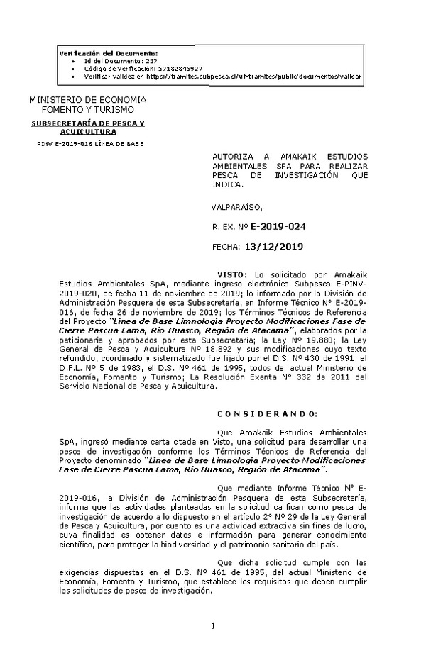 R. EX. Nº E-2019-024 “Línea de Base Limnología Proyecto Modificaciones Fase de Cierre Pascua Lama, Río Huasco, Región de Atacama.