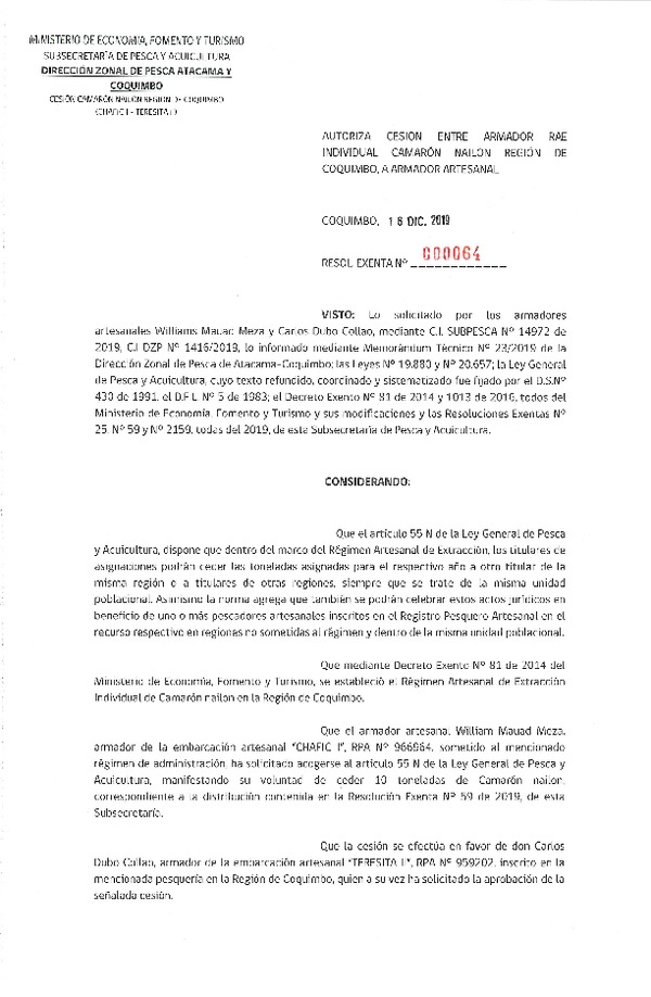 Res. Ex. N° 64-2019 Autoriza cesión Camarón nailon, Región de Coquimbo.