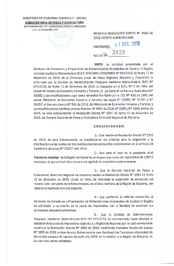 Res. Ex. N° 3826-2019 Modifica Res. Ex. N° 4560-2018 Establece Distribución de las Fracciones Artesanales de Jurel por Región, Año 2019. (Publicado en Página Web 17-12-2019) (F.D.O. 08-01-2020)