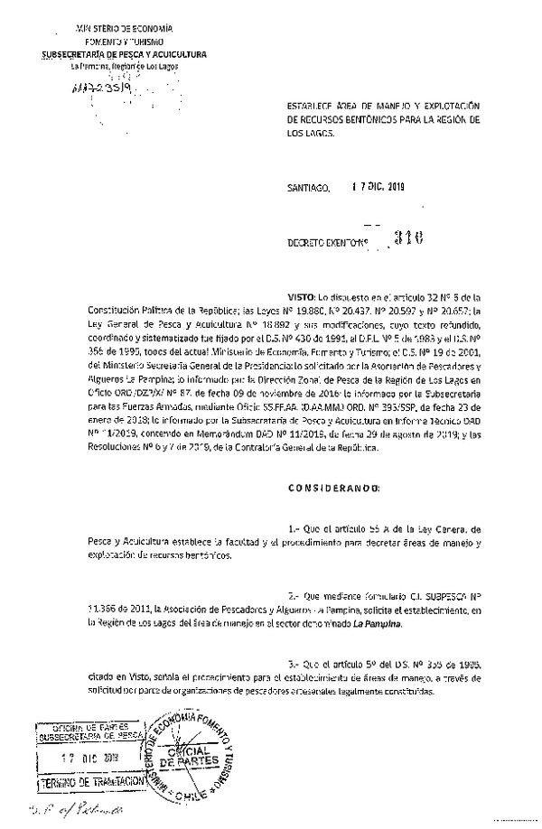 Dec. Ex. N° 310-2019 Establece Área de Manejo La Pampina, Región de Los Lagos. (Publicado en Página Web 18-12-2019) (F.D.O. 23-12-2019)