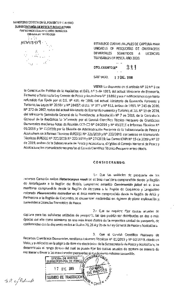 Dec. Ex. N° 311-2018 Establece Cuotas Anuales de Captura Para Unidades de Pesquerías de Crustáceos Demersales Sometidos a Licencias Transables de Pesca, Año 2020. (Publicado en Página Web 18-12-2019) (F.D.O. 23-12-2019)