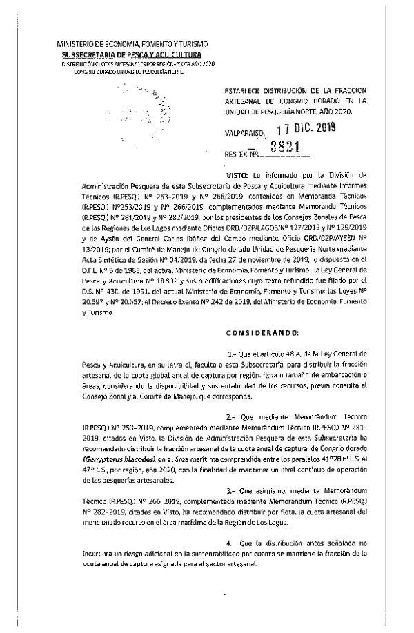 Res. Ex. N° 3821-2019 Establece Distribución de la Fracción Artesanal de Congrio Dorado, Unidad de Pesquería Norte, Año 2020. (Publicado en Página Web 18-12-2019)(F.D.O. 08-01-2020)