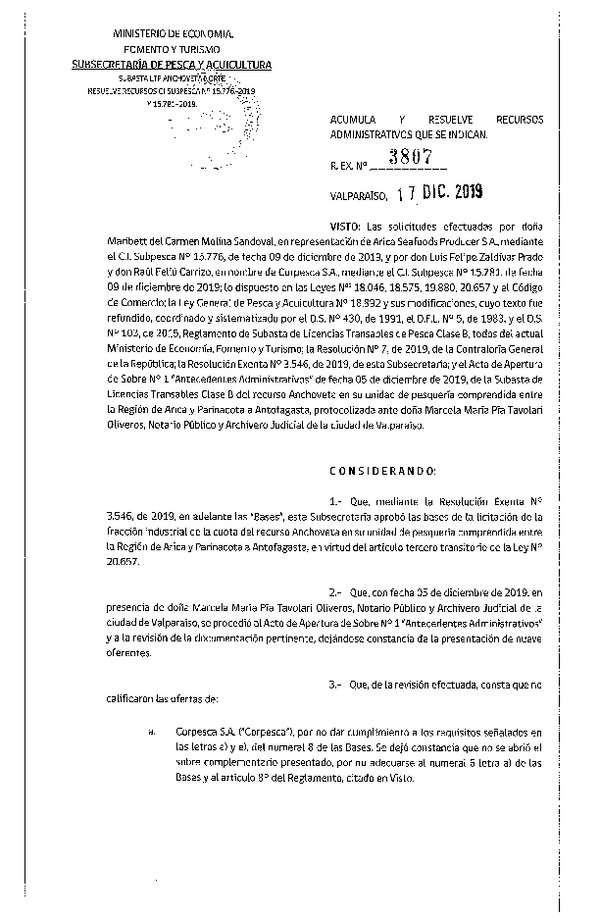 Res. Ex. N° 3807-2019 Acumula y Resuelve Recursos Administrativos que se Indican. (Publicado en Página Web 18-12-2019)