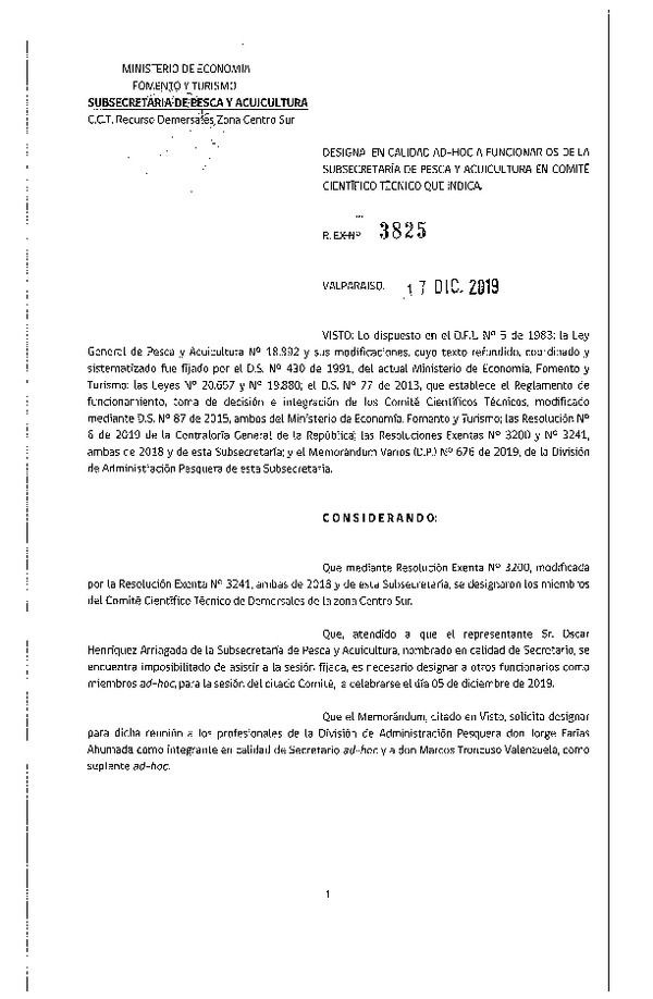 Res. Ex. N° 3825-2019 Designa Funcionario en Comité Científico Técnico de los Recursos Demersales Zona Centro-Sur. (Publicado en Página Web 17-12-2019)