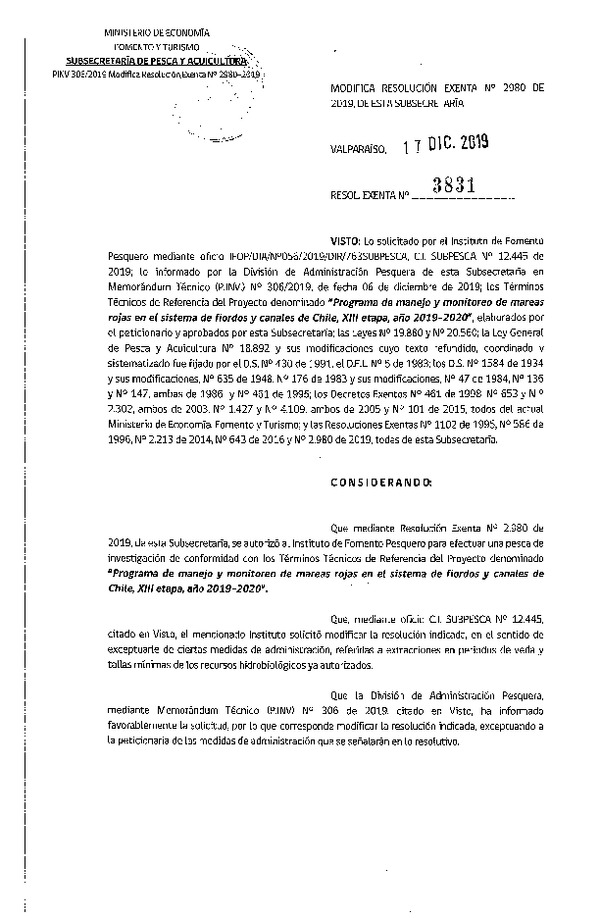 Res. Ex. N° 3831-2019 Modifica Res. Ex. N° 2980-2019 Programa de manejo y monitoreo de mareas rojas en el sistema de fiordos y canales de Chile.