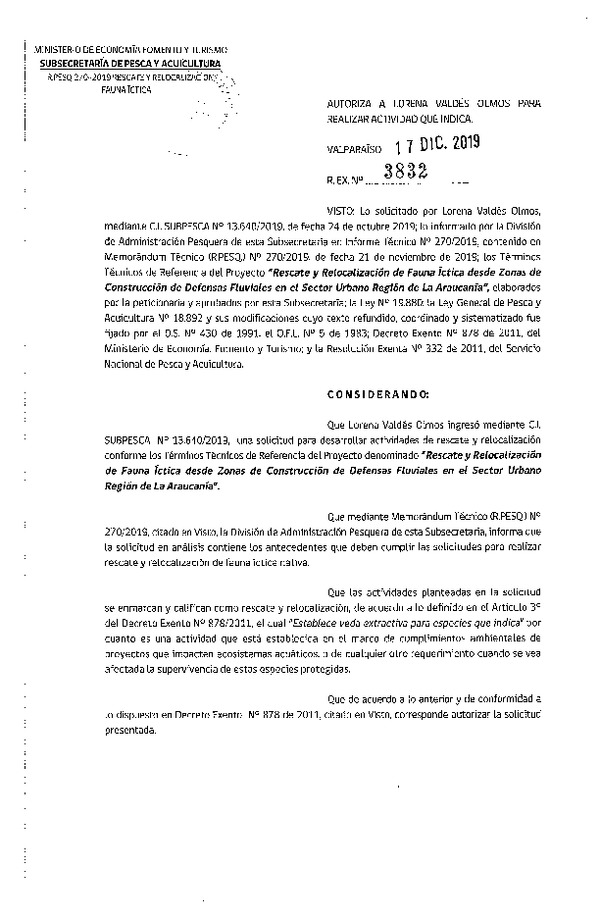 Res. Ex. N° 3832-2019 Rescate y relocalización de fauna íctica, Región de La Araucanía.