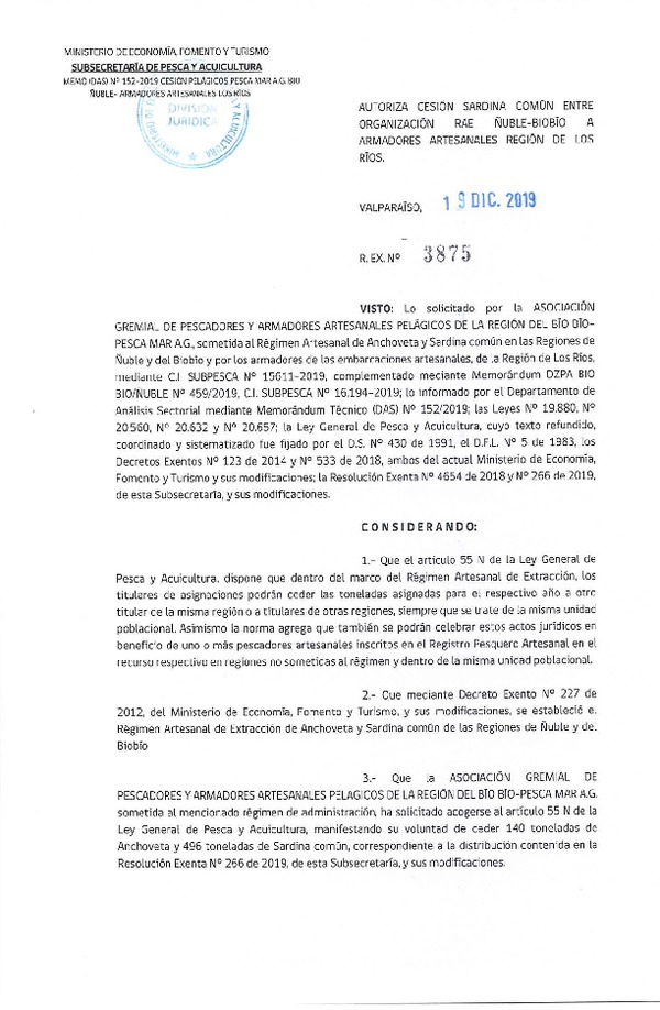 Res. Ex. N° 3875-2019 Autoriza cesión sardina común Regiones Ñuble-Biobío a Región de Los Ríos.