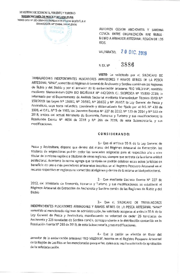 Res. Ex. N° 3886-2019 Autoriza cesión sardina común y anchoveta Regiones Ñuble-Biobío a Región de Los Ríos.